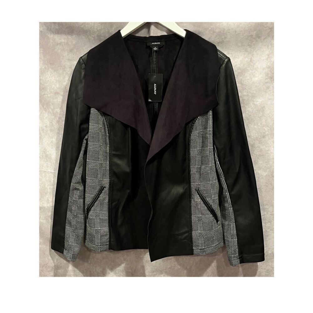 NWT Alfani Black and Gray Blazer vegan leather houndstooth sz medium